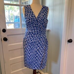 Ann Taylor Blue & White Sleeveless Faux-Wrap Mini Dress